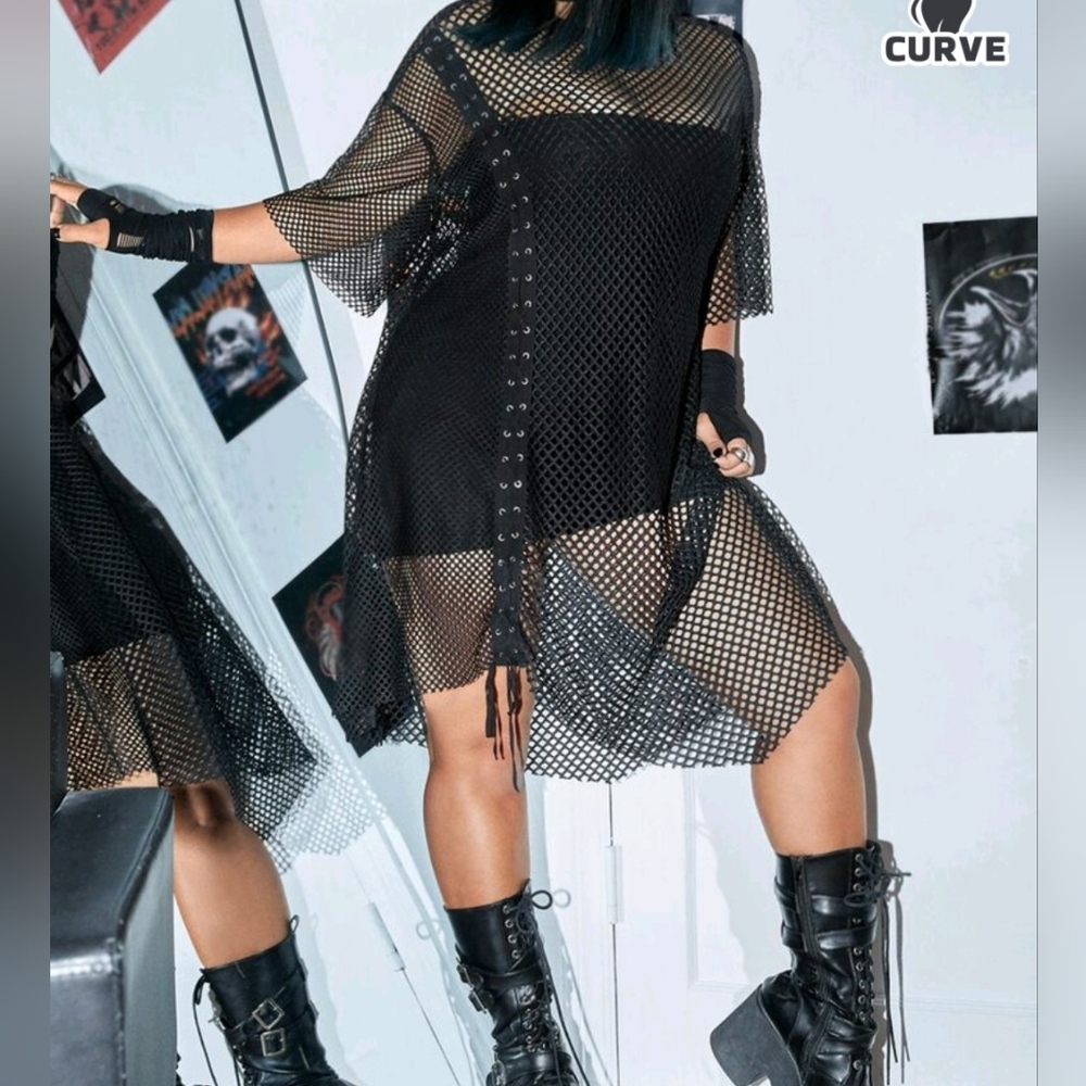 Black Mesh Dress with Grommet Details